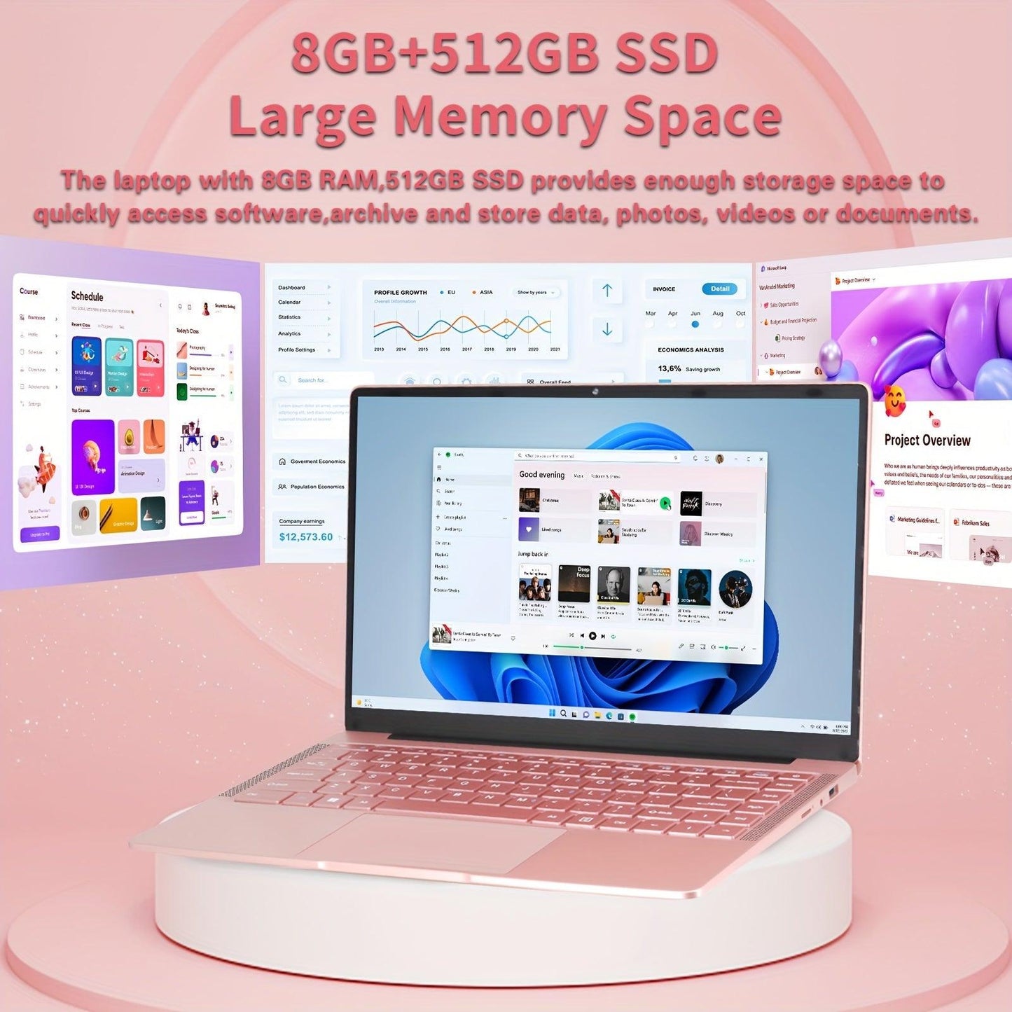 35.56cm Rose Gold Laptop Celeron N4120 FHD IPS Display 8GB DDR4, 128GB SSD Ultra-Thin Notebook, Windows 11&Office 2019/USB3.0/BT, Perfect For Study, Work - al-zeb-store