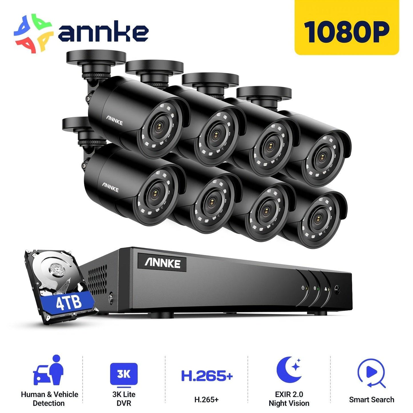 ANNKE CCTV Camera System, Smart Human/Vehicle Detection, 8 X 2MP Security Bullet Cameras And 3K Lite 8CH Surveillance DVR With 4T HDD, Play Back, Email Alert With Images - al-zeb-store