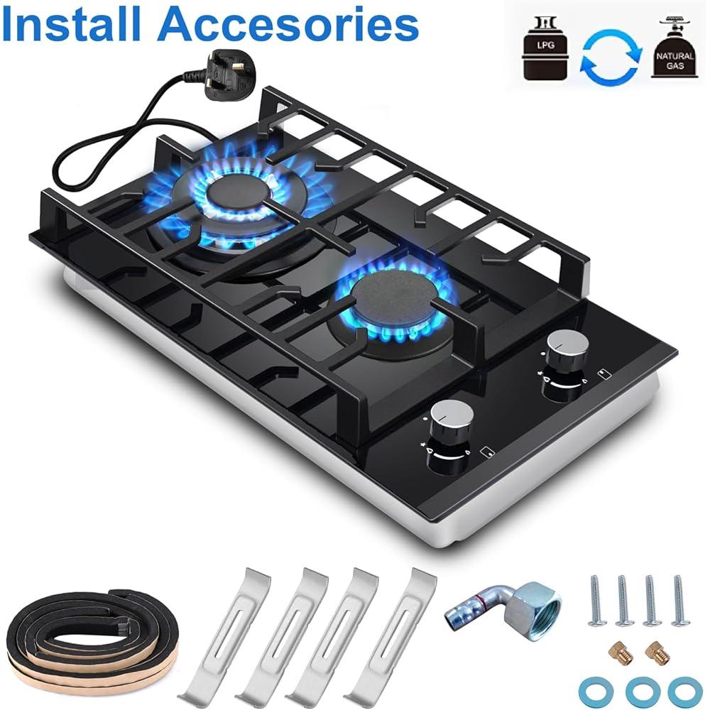 NEW Gas Hob 2 burners, 30cm Built in 2 Burners Gas on Glass Hob, NG/LPG Gas Hob Convertible, Gas Cooktop with Flame Out Protection, Iron Supports, 5200W - al-zeb-store