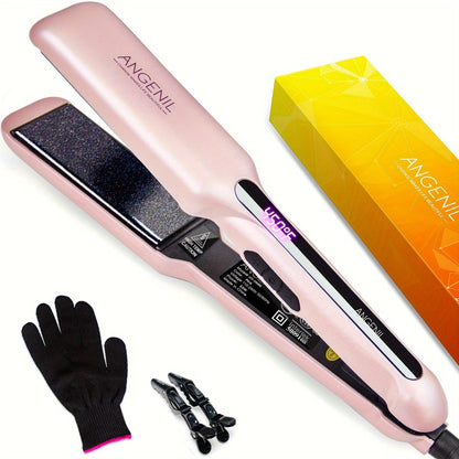 ANGENIL Professional Ceramic Hair Straightener & Curler - Pink, 4.06cm Wide Plate, Argan Oil Infused, Heat Adjustable Flat Iron with UK Plug, Includes Styling Clips, Gloves & Storage Case - Ideal for All Hair Types - al-zeb-store