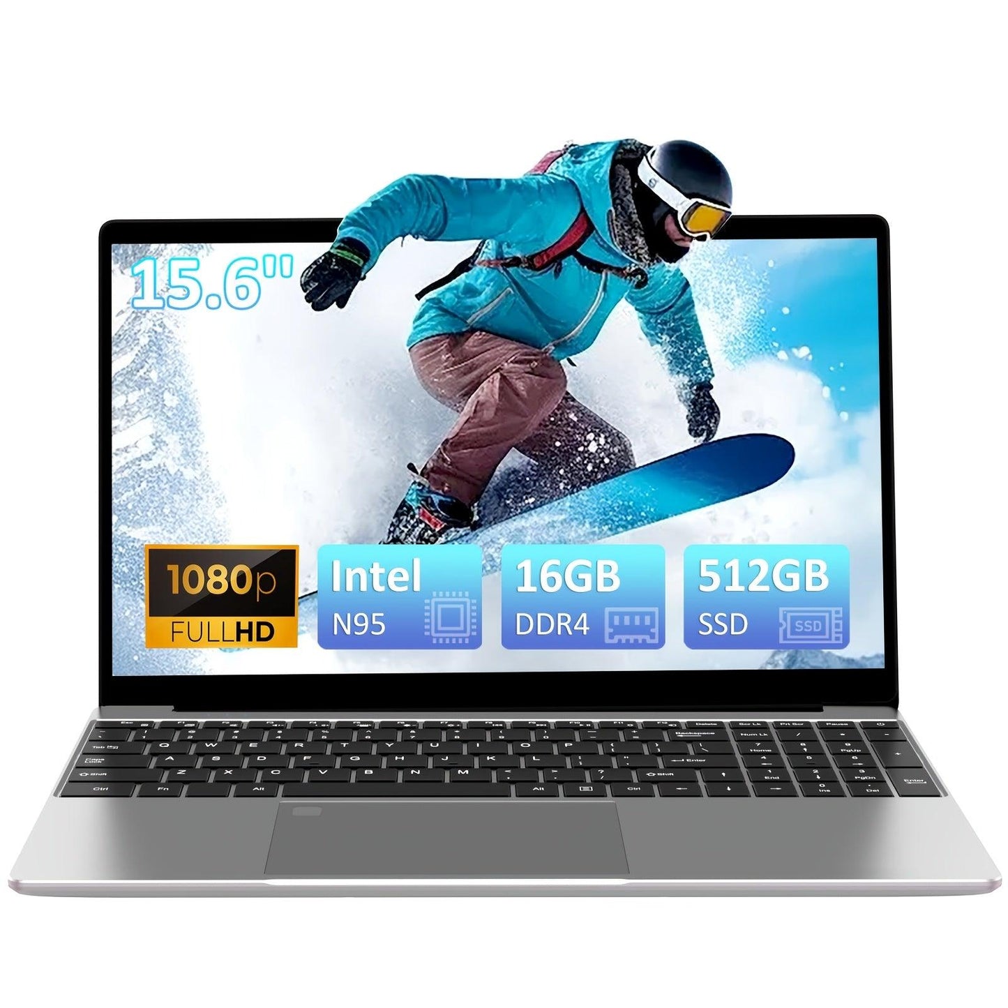 [1 Laptop 39.62cm Intel N95 FHD IPS] Auusda 39.62cm Laptop, Intel N95, 16GB DDR4, 512GB SSD, FHD IPS Display, Fingerprint Reader, HD Webcam, Mini HDTV, with USB 3.0, Wi-Fi 802.11B/G/N, 8000Mah Battery, for Students, 110V/220V - al-zeb-store