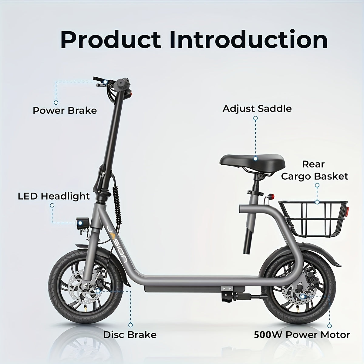 Jasion JS3 High-Power 500W Electric Scooter for Adults - Foldable, Dual Brakes, Up to 20 KM/H Speed, 20 Miles Range, Rechargeable Battery