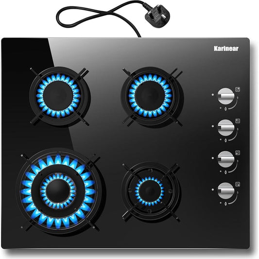 NEW Plug in 2 Zone Gas Hob with Crystal Glass Cooktop, 3500W Knob Control, NG Original Nozzle, come with LPG Replace - al-zeb-store