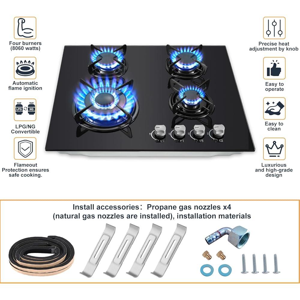 NEW Gas Hob 2 burners, 30cm Built in 2 Burners Gas on Glass Hob, NG/LPG Gas Hob Convertible, Gas Cooktop with Flame Out Protection, Iron Supports, 5200W - al-zeb-store