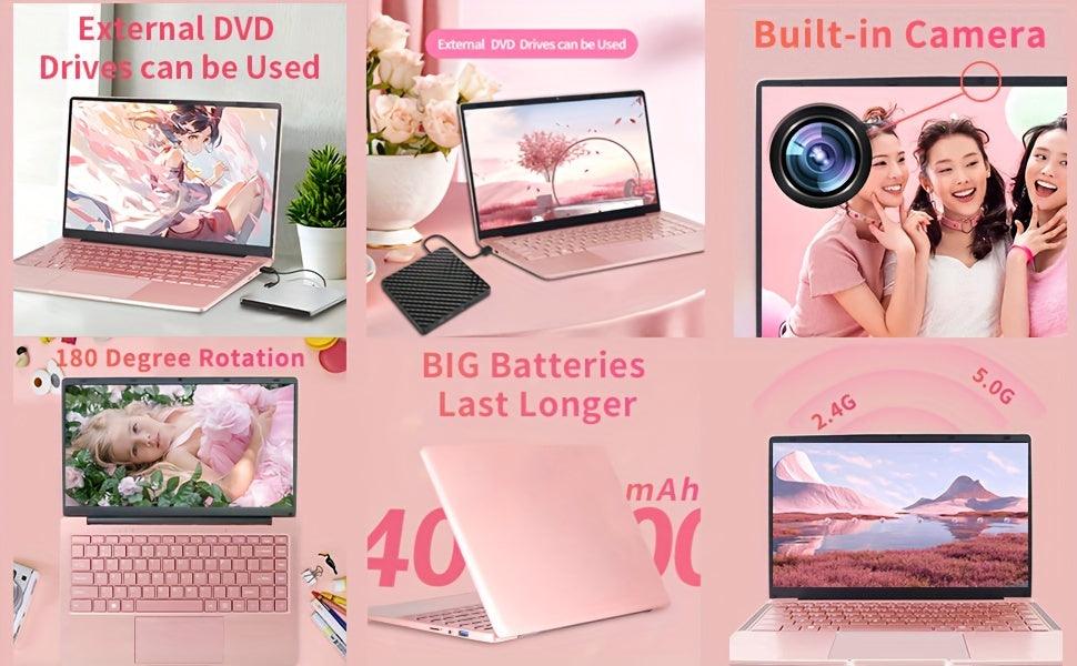 35.56cm Rose Gold Laptop Celeron N4120 FHD IPS Display 8GB DDR4, 128GB SSD Ultra-Thin Notebook, Windows 11&Office 2019/USB3.0/BT, Perfect For Study, Work - al-zeb-store