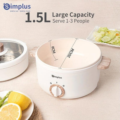 Simplus 1.5L Multi-Functional Electric Cooker with Steamer Lid, Stainless Steel, Dual Temperature Control, Long Handle, Anti-Scald Base, Overheat Protection - Ideal for Various Cooking Needs - al-zeb-store