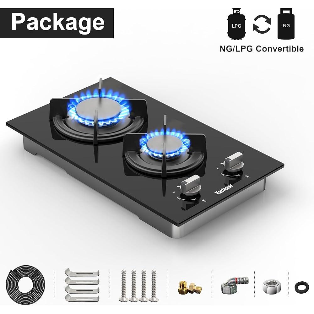 NEW Plug in 2 Zone Gas Hob with Crystal Glass Cooktop, 3500W Knob Control, NG Original Nozzle, come with LPG Replace - al-zeb-store