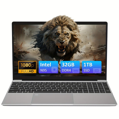 Auusda Laptop Computer With 32GB DDR4 RAM, 1TB M.2 PCIe NVMe SSD, Intel N95 Up To 2-3.4 GHz, 39.62cm FHD IPS LCD, Backlight Keyboard, Fingerprint Reader, Webcam, Mini HD, USB-A X2, Windows 11 Pro - al-zeb-store