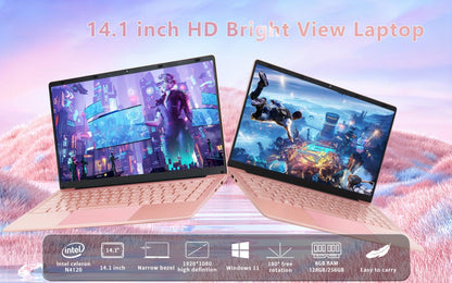 35.56cm Rose Gold Laptop Celeron N4120 FHD IPS Display 8GB DDR4, 128GB SSD Ultra-Thin Notebook, Windows 11&Office 2019/USB3.0/BT, Perfect For Study, Work - al-zeb-store