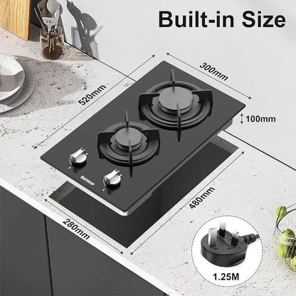 NEW Plug in 2 Zone Gas Hob with Crystal Glass Cooktop, 3500W Knob Control, NG Original Nozzle, come with LPG Replace - al-zeb-store