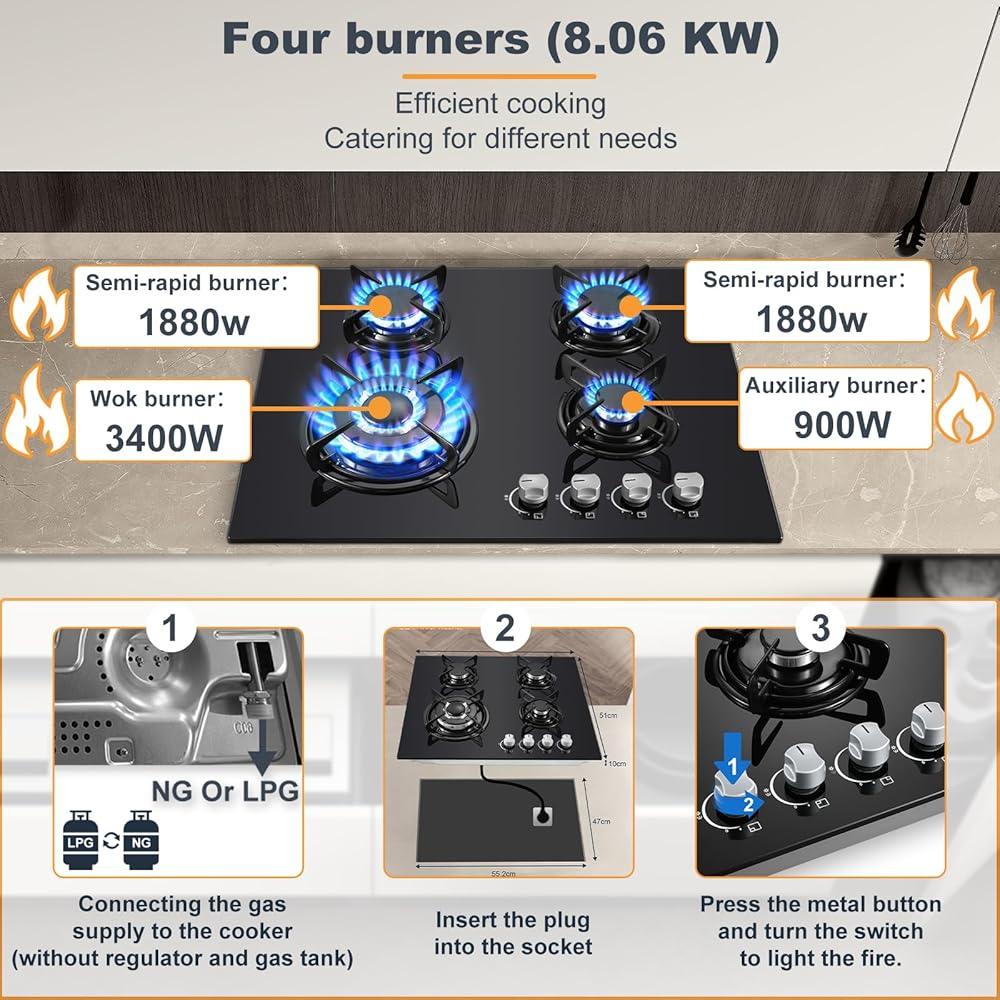 NEW Gas Hob 2 burners, 30cm Built in 2 Burners Gas on Glass Hob, NG/LPG Gas Hob Convertible, Gas Cooktop with Flame Out Protection, Iron Supports, 5200W - al-zeb-store