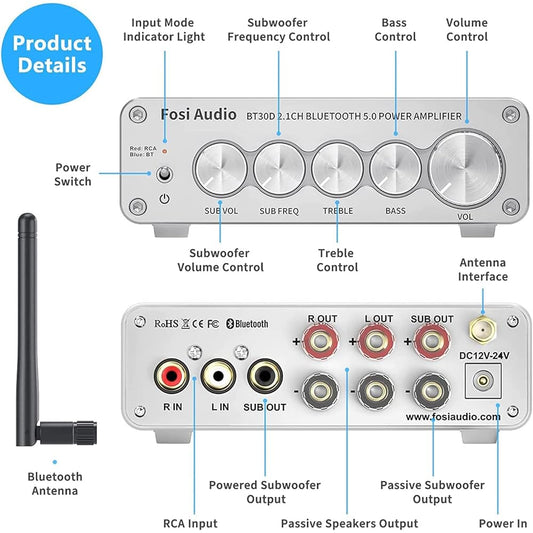 NEW BT30D 5.0 Stereo Receiver Amplifier 2.1 Channel Mini Hi-Fi Class D Integrated Amp 50 Watt 2+100 Watt for Passive Speakers/Subwoofer Poed Subwoofer