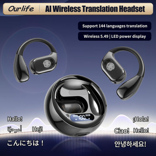 Ourlife Smart Language Translation Headset - Portable Voice AI Device, Wireless OWS Headset with Two-way Instant Translation, Supports 100+ Languages, High-Precision for Travel and Business, Type-C Charging, Wireless Connecti - al-zeb-store